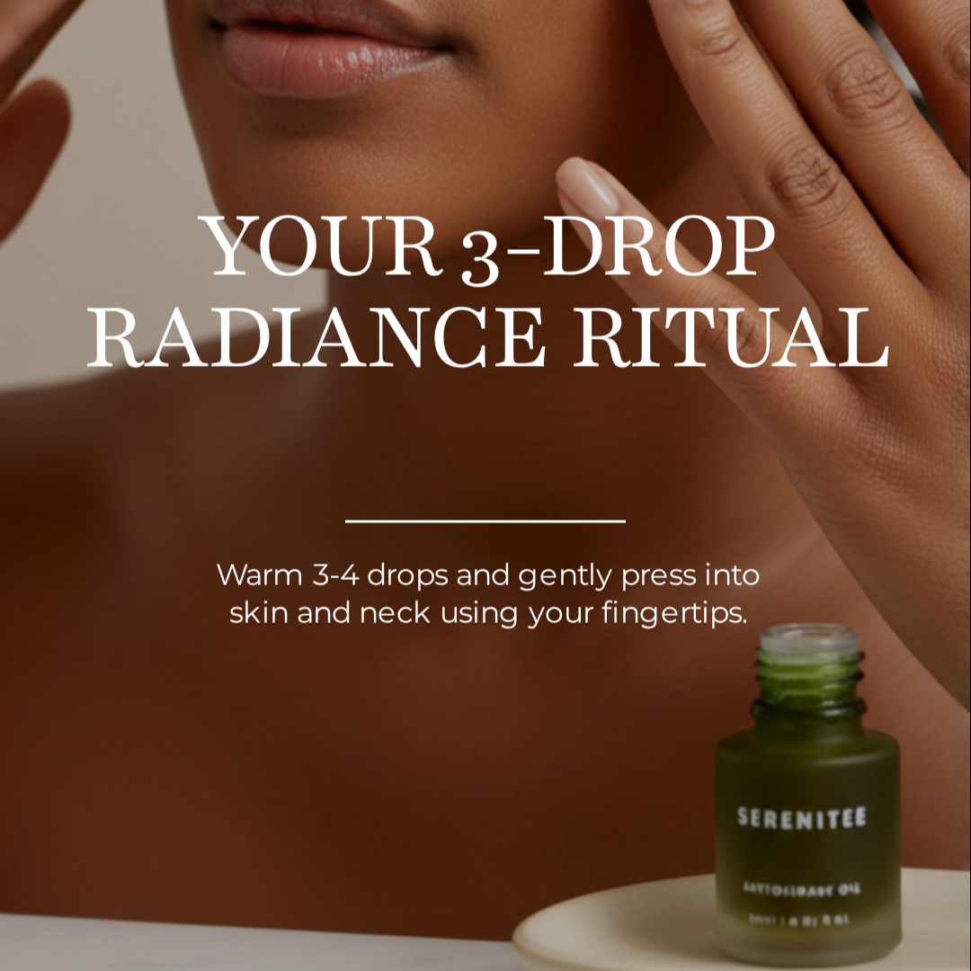 How to use Serenitee Antioxidant Oil: warm 3 to 4 drops on palms and gently press into skin using fingertips.