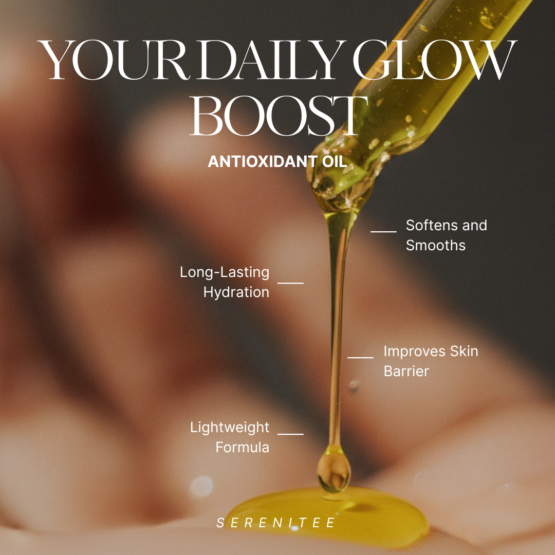 Antioxidant oil droplet with text highlighting benefits on a blurred background, featuring the brand 'Serenitee'.
