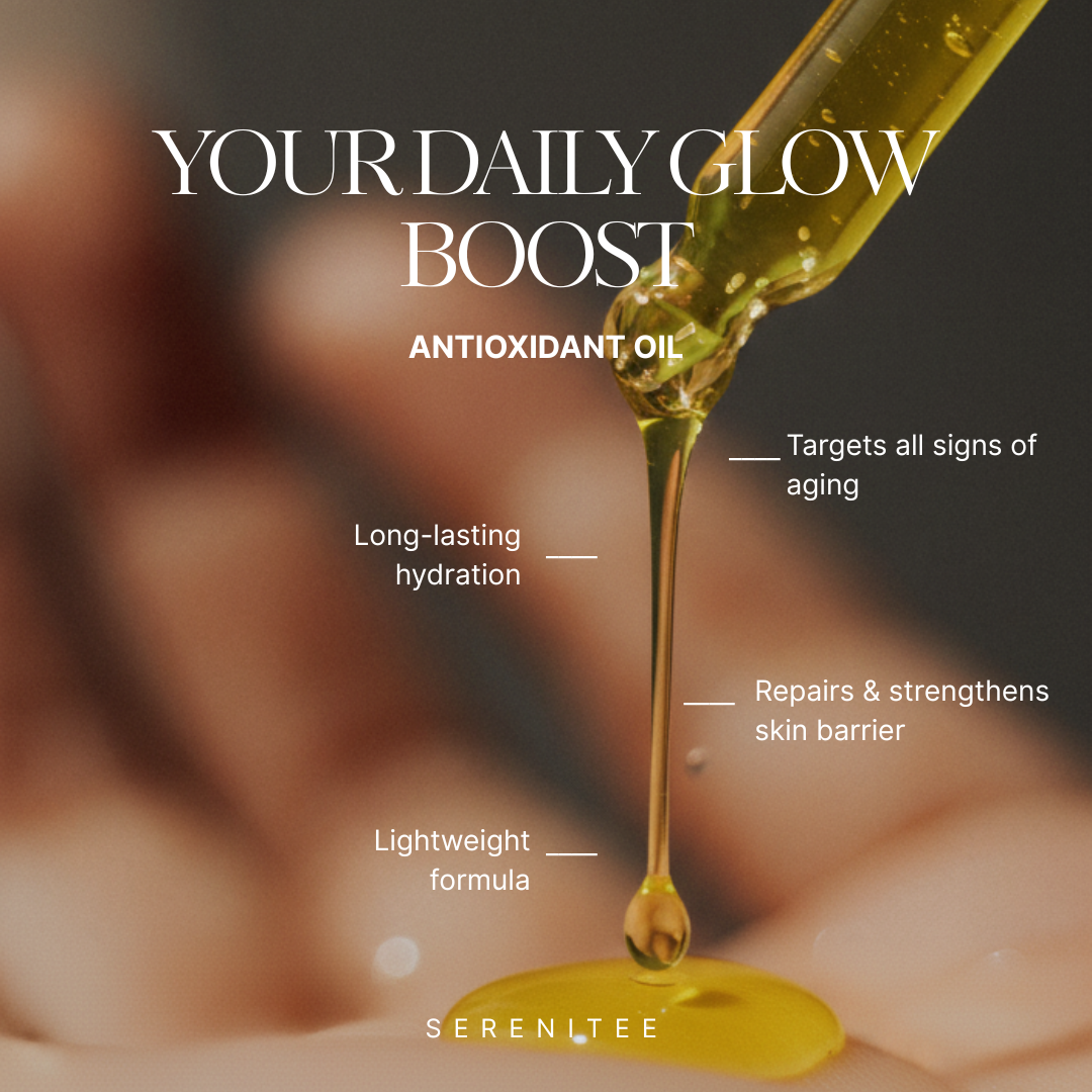 Serenitee Antioxidant oil droplet with product benefits text on a blurred background. Serenitee Antioxidant Oil can target all signs of aging and repair, strengthen the skin barrier.