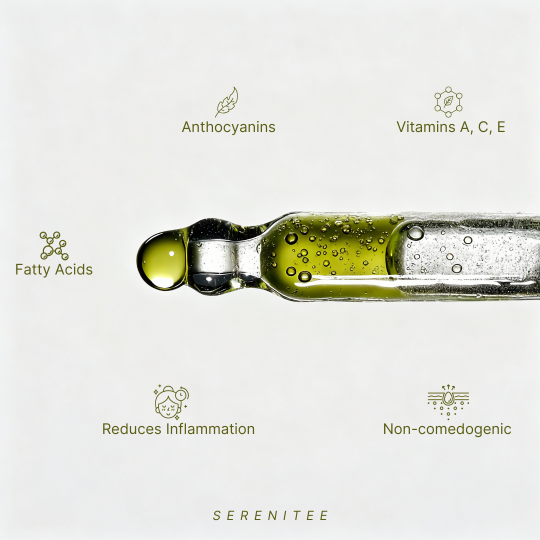 Serenitee skincare product with dropper and text highlighting ingredients and benefits on a light background