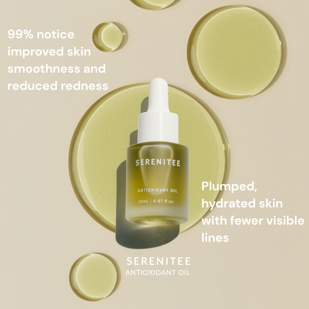 Serenitee antioxidant oil bottle with dropper on a beige background with proven skin results