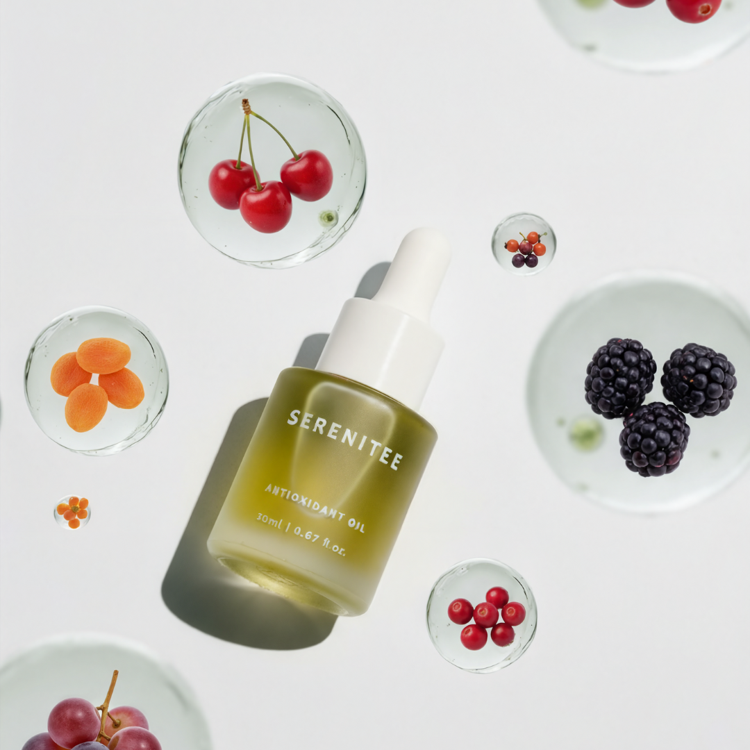 Serenitee antioxidant oil bottle with berries on a light background