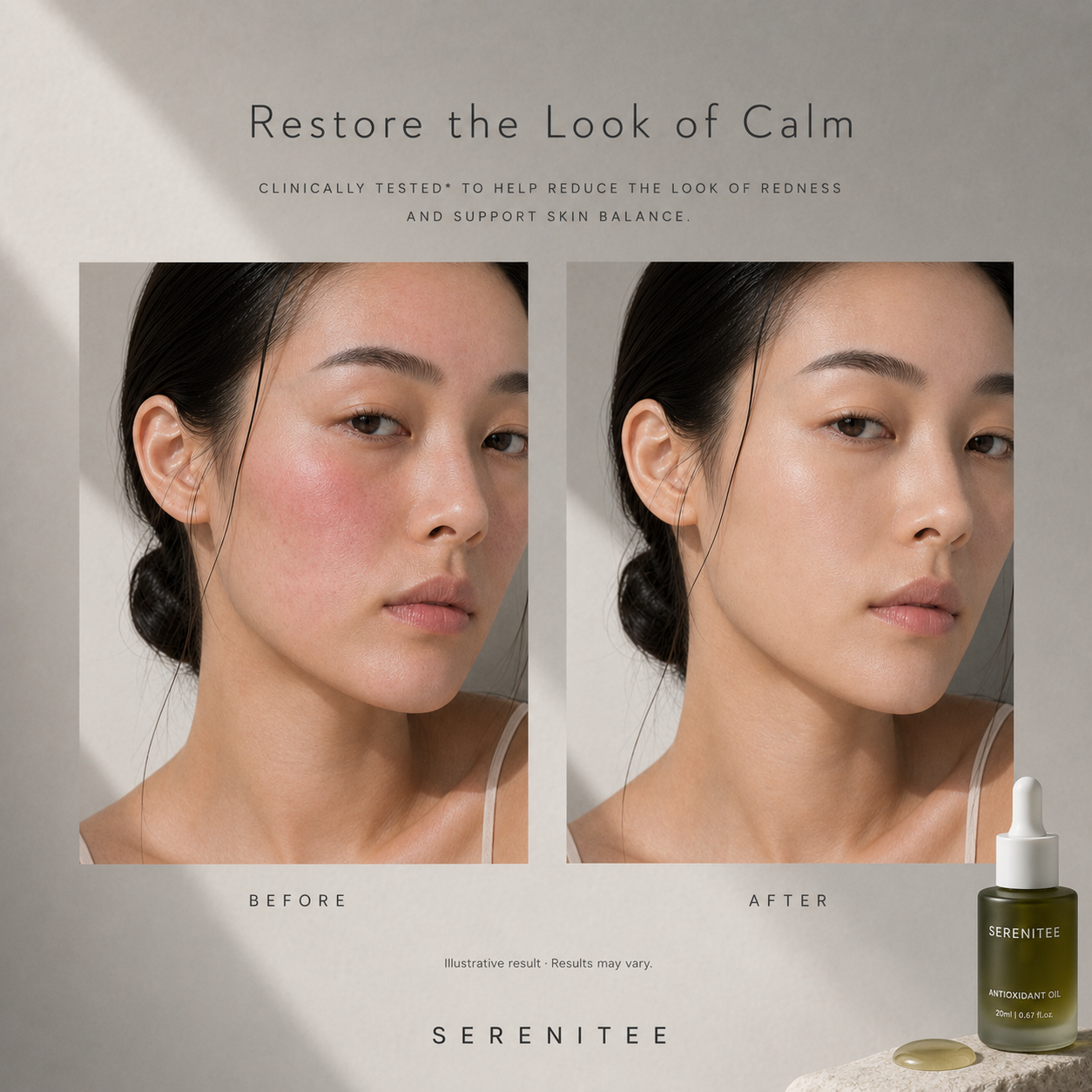 Illustrative before-and-after comparison showing calmer-looking skin with less visible redness after using Serenitee blue tansy antioxidant facial oil.