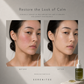 Illustrative before-and-after comparison showing calmer-looking skin with less visible redness after using Serenitee blue tansy antioxidant facial oil.