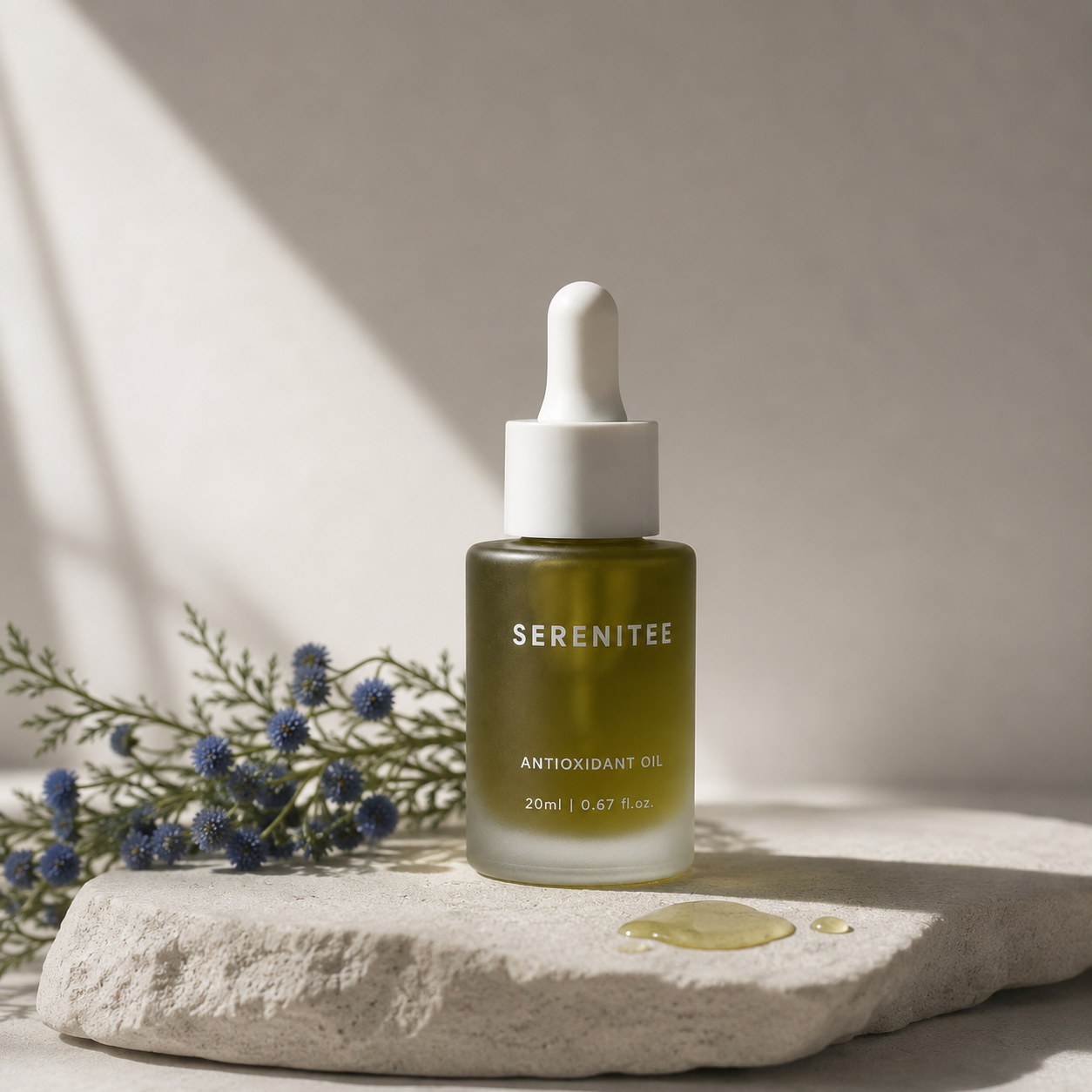 Serenitee Blue Tansy Antioxidant Face Oil bottle, a waterless botanical facial oil for supporting dry, redness-prone skin.