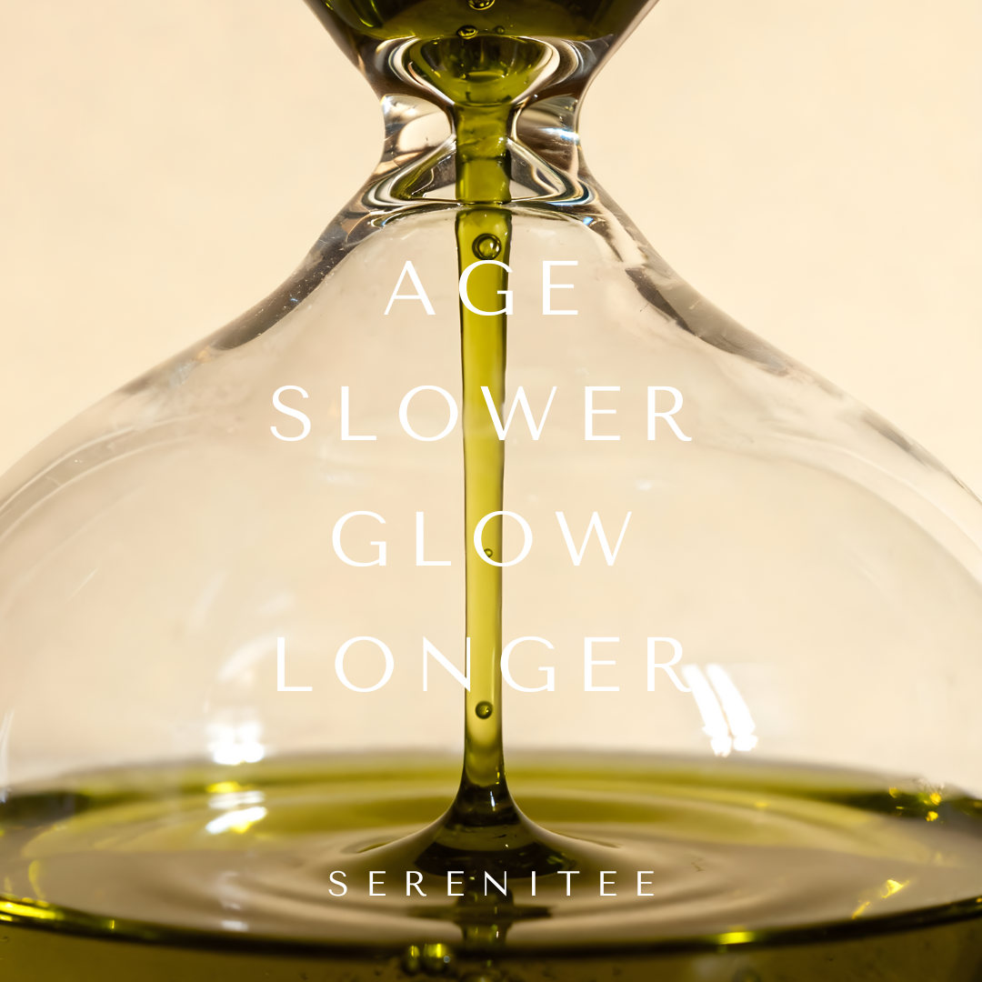 Hourglass with olive oil flowing, text 'AGE SLOWER GLOW LONGER' Serenitee Organic Anti-aging Oil