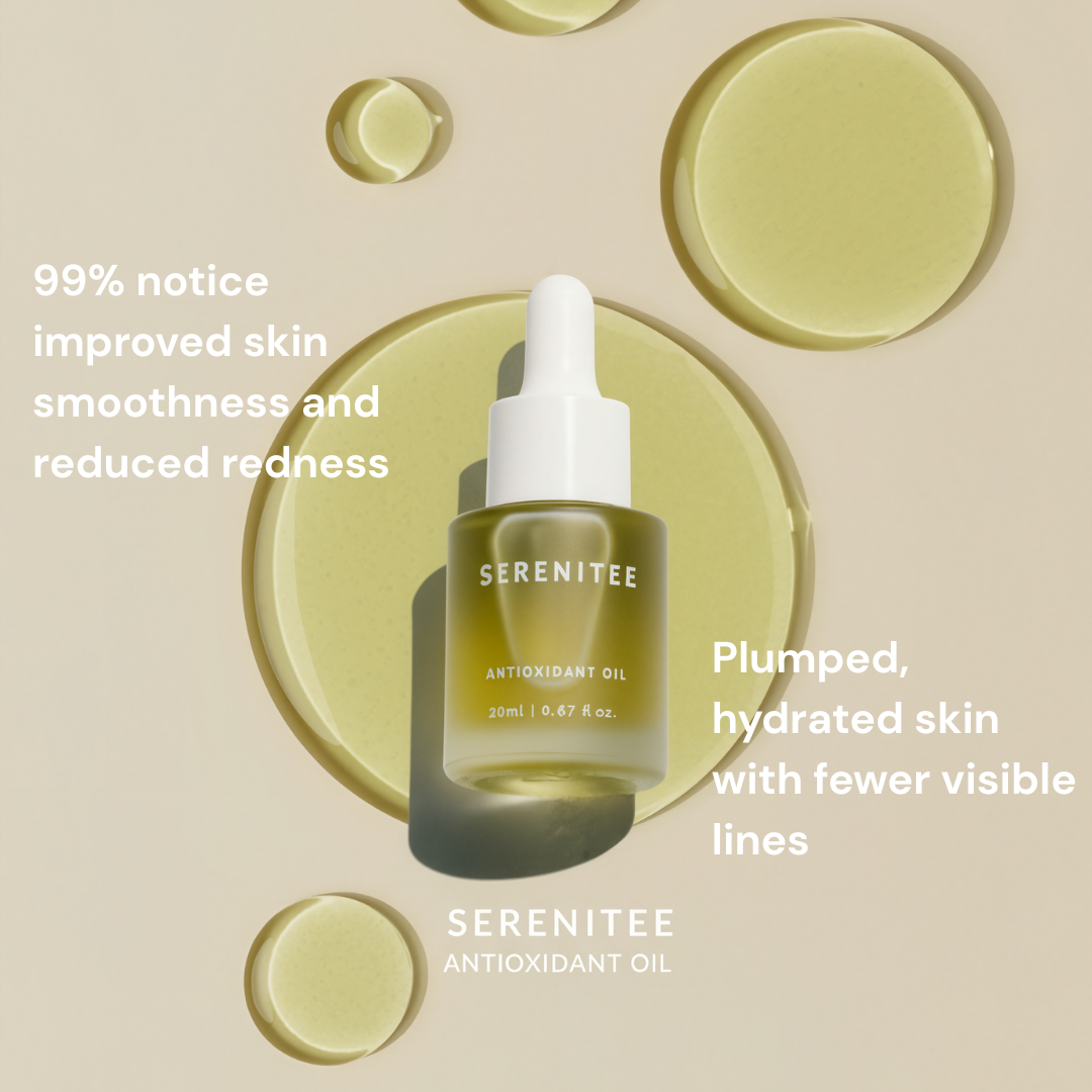 Serenitee antioxidant oil bottle with dropper on a beige background with strong skin benefits and noticeable skin results.