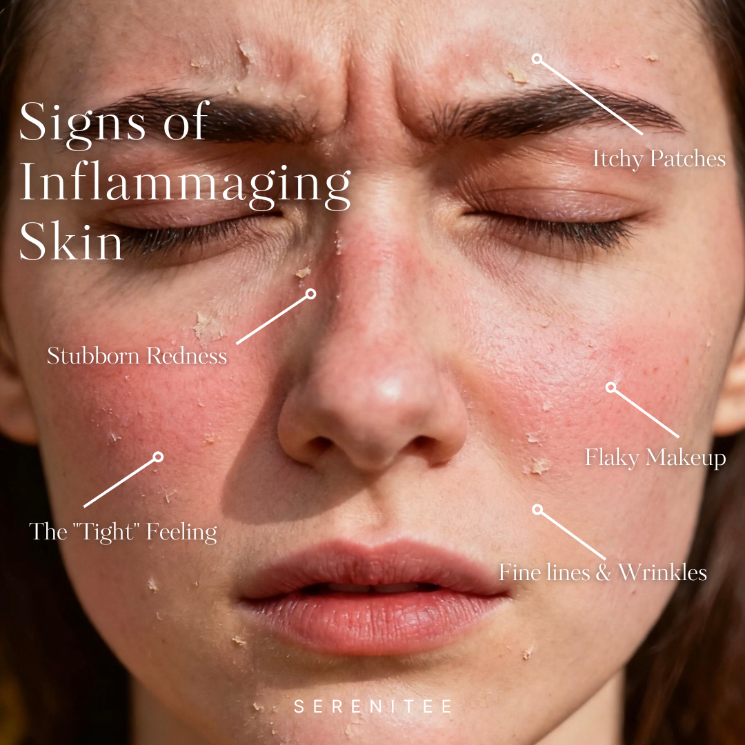 Serenitee inflammaging checklist face shot, visualizing signs like redness, itchiness, cortisol acne, and flaky skin, safe with waterless blue tansy oil.