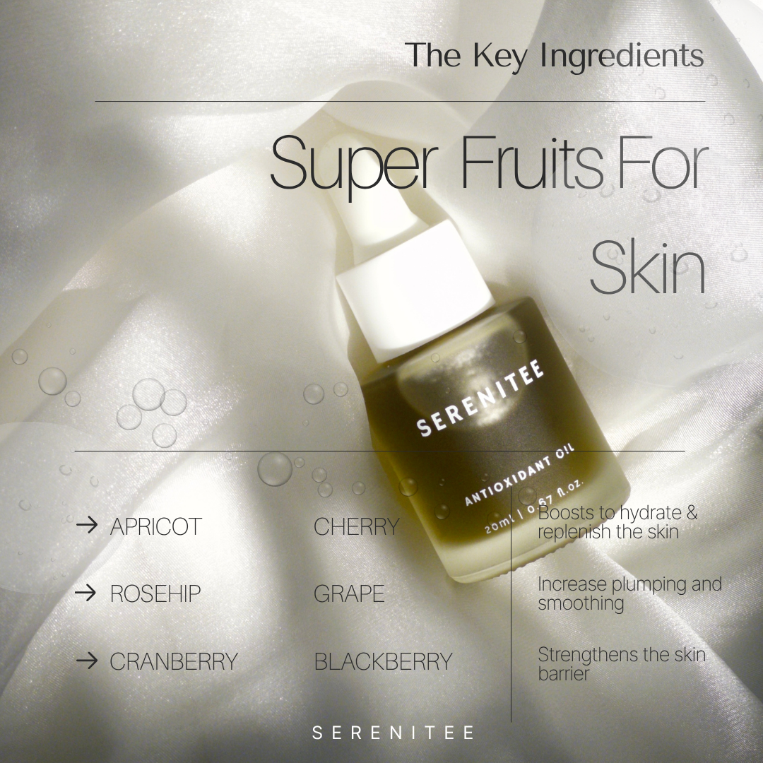Serenitee blue tansy antioxidant oil with text about super fruits for skin on a textured background