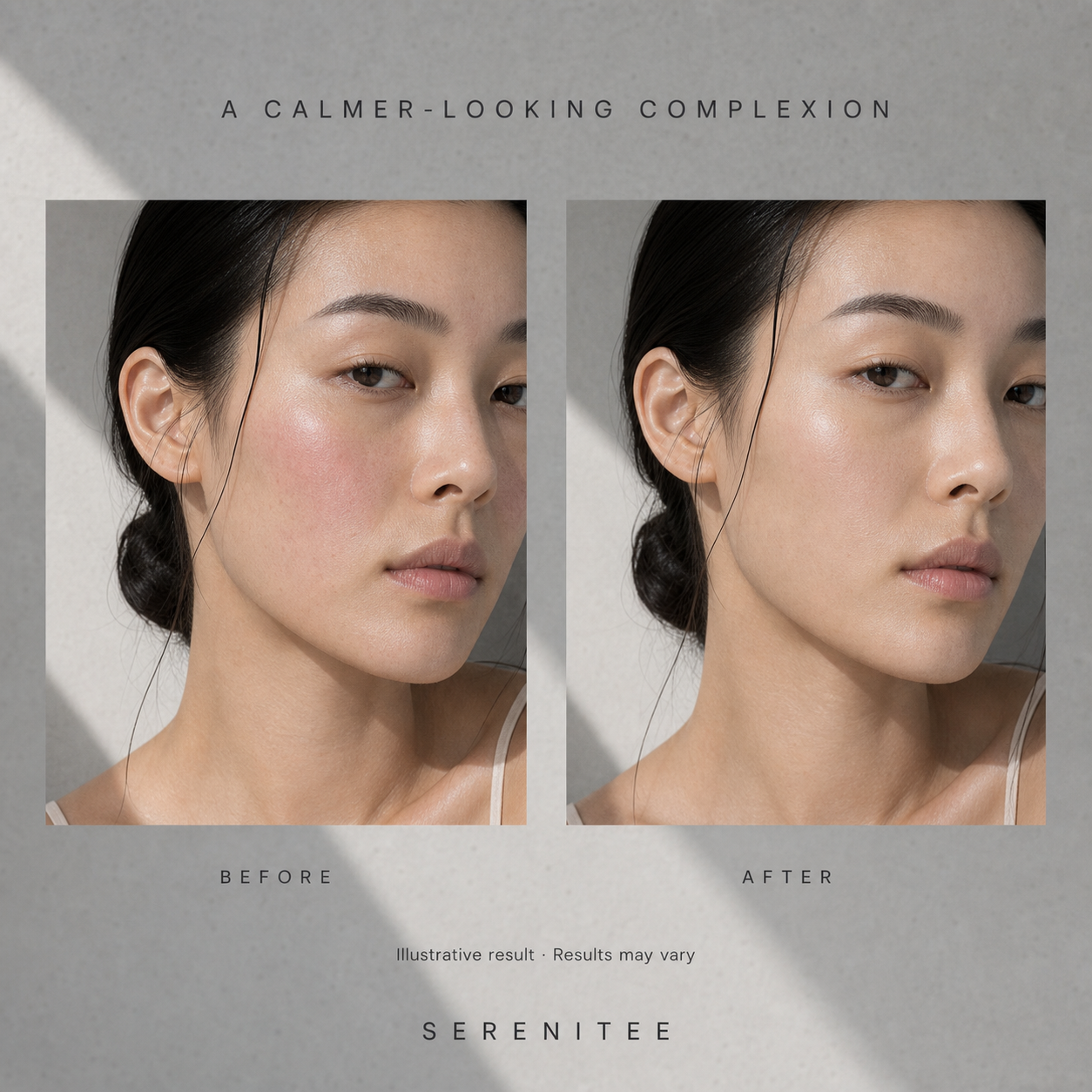 Illustrative before-and-after comparison showing calmer-looking skin with less visible redness after using Serenitee blue tansy antioxidant facial oil.
