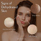 Woman with dehydrated skin showing signs like fine lines, flaky makeup, and itchy patches on a brown background.