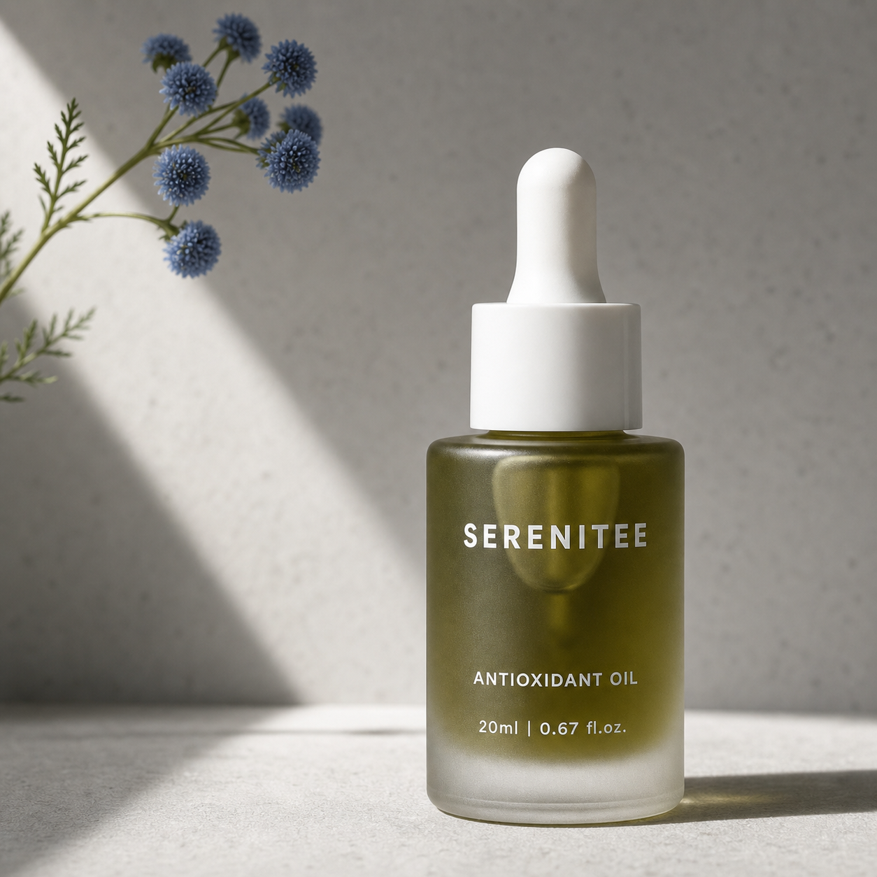 Serenitee Blue Tansy Antioxidant Face Oil bottle, a waterless botanical facial oil for supporting dry, redness-prone skin.