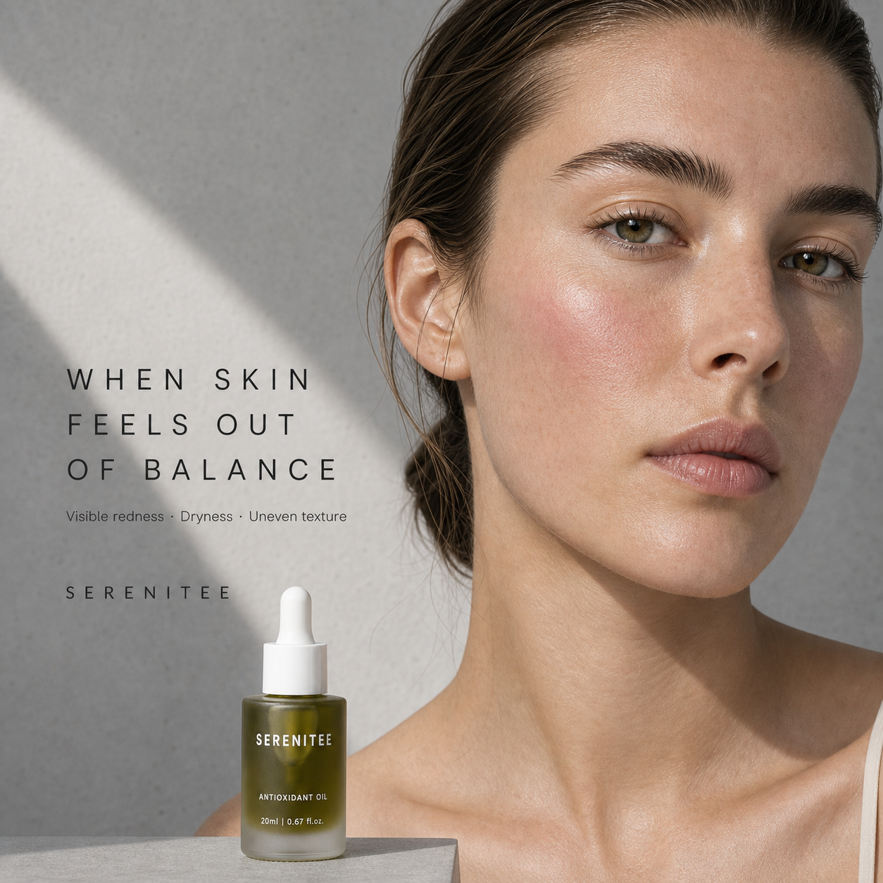 Woman with visible cheek redness and uneven skin texture, common signs of dry, out-of-balance skin.