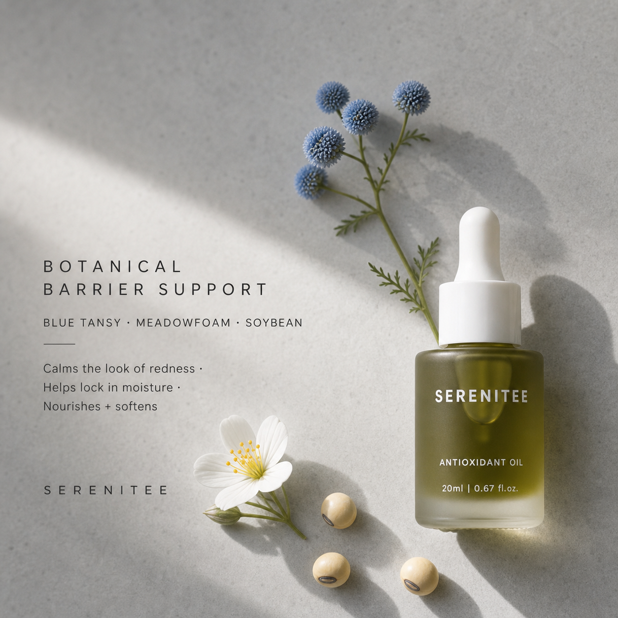 Serenitee Antioxidant Face Oil with blue tansy, meadowfoam and soybean to nourish skin and support moisture retention.