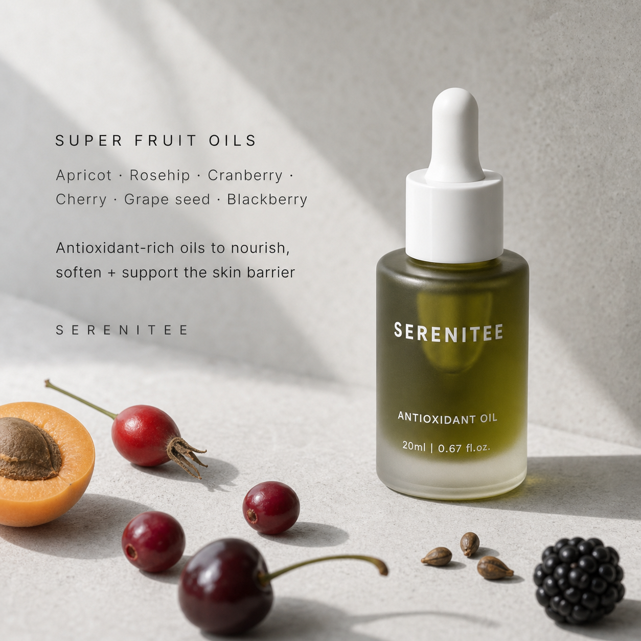 Serenitee face oil with antioxidant-rich apricot, rosehip, cranberry, cherry, grape seed and blackberry oils.