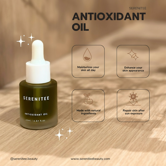 Serenitee Antioxidant Oil bottle with dropper on a wooden surface, featuring product benefits.