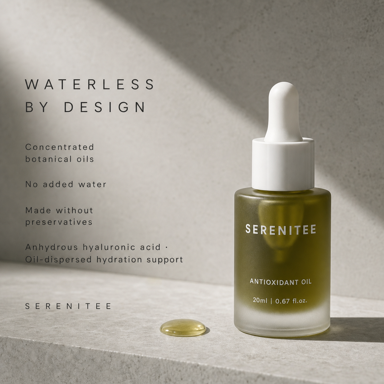 Serenitee waterless face oil made with concentrated botanical oils, anhydrous hyaluronic acid and no added water.